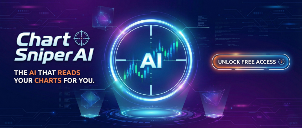 CTA banner for Chart Sniper AI featuring a glowing sniper scope targeting a bullish candlestick chart, with the headline 'The AI That Reads Your Charts For You'.