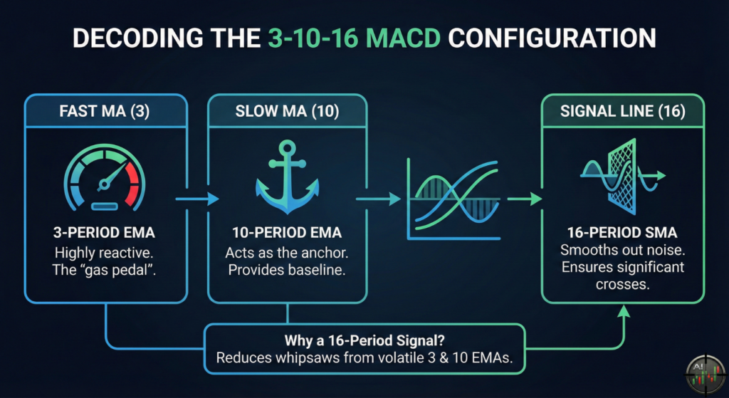 Infographic breaking down the MACD 3-10-16 configuration: illustrating the 3-period Fast EMA, 10-period Slow EMA, and the 16-period Signal Line components.