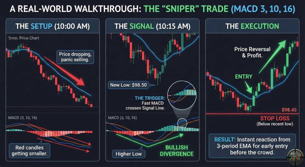 Infographic illustrating a real-world "Sniper" trade walkthrough using the MACD (3, 10, 16) strategy. The three panels visually guide through the setup on a 5-minute chart during panic selling, identifying the bullish divergence signal and MACD crossover trigger, and finally executing the entry and precise stop loss placement for a profit reversal.